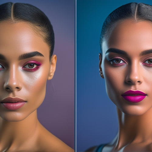 A split-screen image featuring a lyrical dancer with minimal, natural makeup on one side and the same dancer with bold, stage-ready makeup on the other, set against a dark or gradient background.