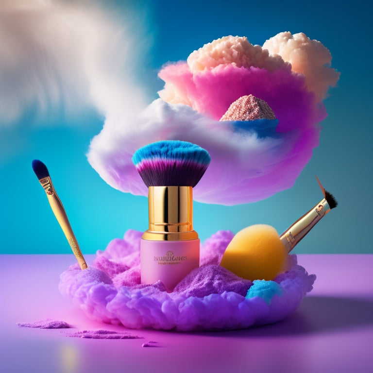 A whimsical, dreamy illustration of a makeup brush transforming into a miniature artist's palette, surrounded by swirling clouds of colorful eyeshadows and lipsticks, set against a soft, gradient background.