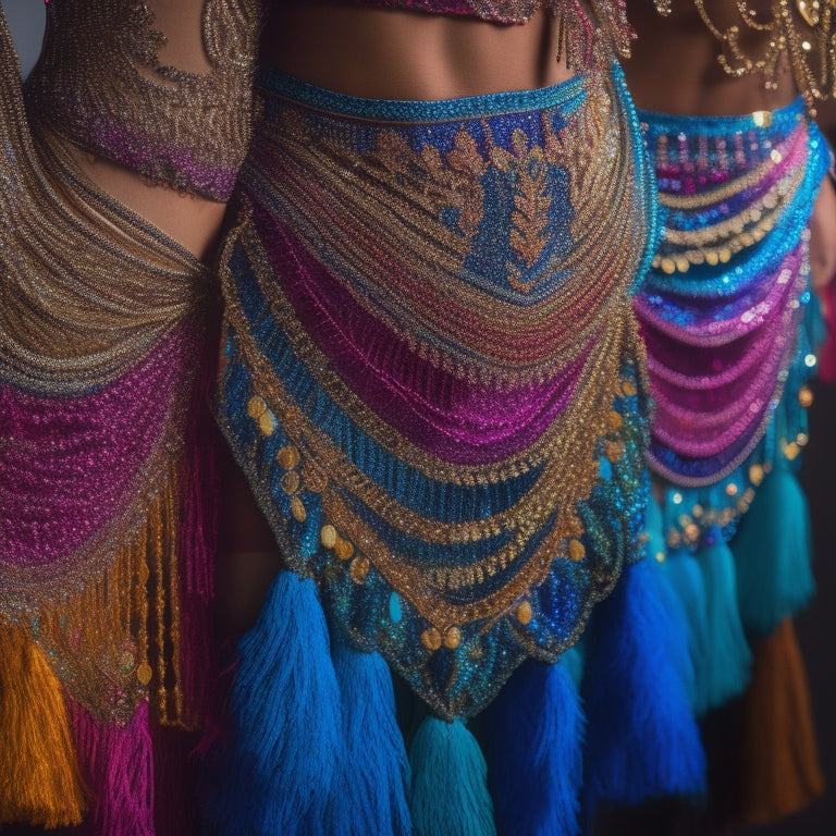 A vibrant array of shimmering belly dance hip scarves, adorned with intricate beadwork and fringes, displayed on a rich, textured fabric background. Soft lighting highlights the colors and movement, evoking a sense of elegance and rhythm.