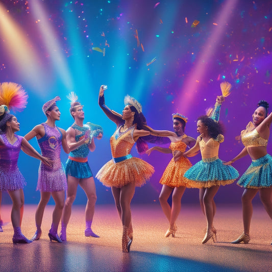 A vibrant illustration of a dance studio with a stage, spotlight shining down, and dancers of various ages and skin tones in colorful costumes, surrounded by glittering trophies and confetti.