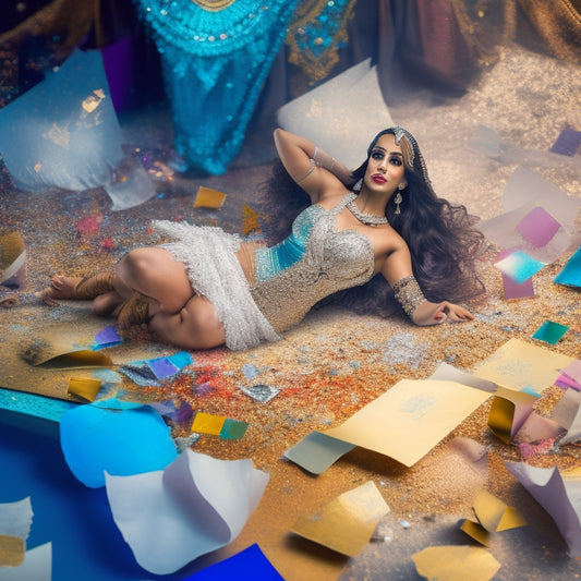 A whimsical illustration of a belly dancer surrounded by torn and crumpled papers, broken mirrors, and shattered smartphones, with a faint Facebook logo in the background, fading away.