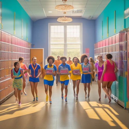 A vibrant, sunlit school hallway filled with diverse senior students in various dance poses, surrounded by trophies, certificates, and colorful streamers, with a subtle background of lockers and classrooms.