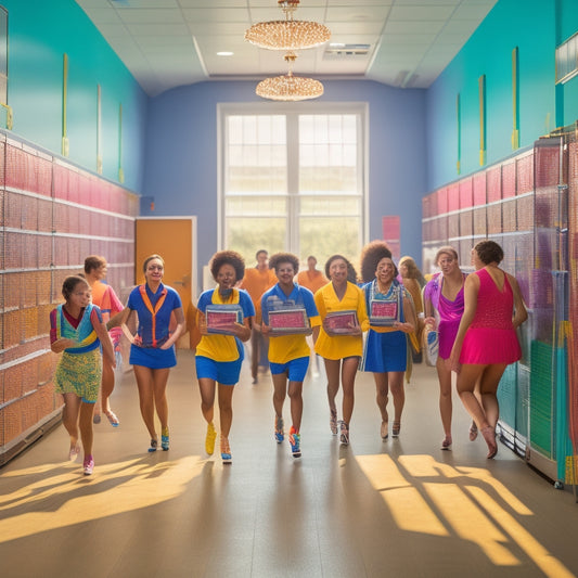 A vibrant, sunlit school hallway filled with diverse senior students in various dance poses, surrounded by trophies, certificates, and colorful streamers, with a subtle background of lockers and classrooms.