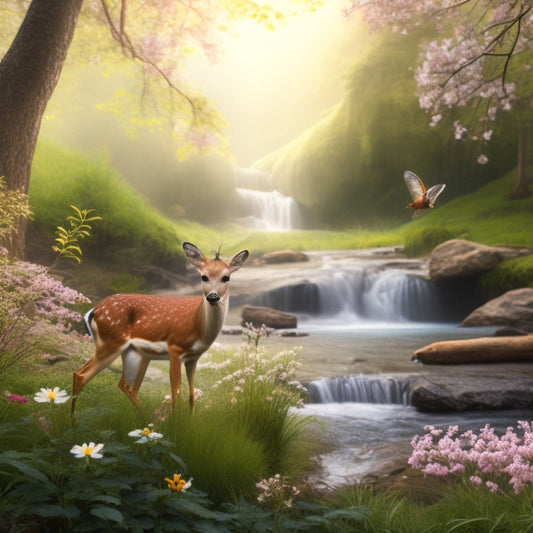 An illustration depicting a serene forest ecosystem: a doe and fawn graze beneath a blossoming tree, surrounded by fluttering butterflies, hummingbirds, and a gentle stream flowing into a misty waterfall.