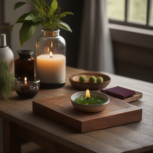 A serene scene featuring an elegant wooden tray with a lit candle, an essential oil diffuser, herbal tea, a soft journal, and a lush green plant, all bathed in warm, natural light.