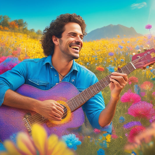 A vibrant illustration of Rick Thum, a smiling musician, playing a bright blue guitar surrounded by swirling musical notes, colorful flowers, and a subtle background of a sunny meadow.