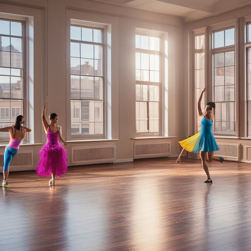 A vibrant dance studio featuring a pair of sleek New Balance dance shoes on a polished wooden floor, surrounded by colorful dance attire and soft natural light streaming through large windows, creating an inspiring atmosphere.