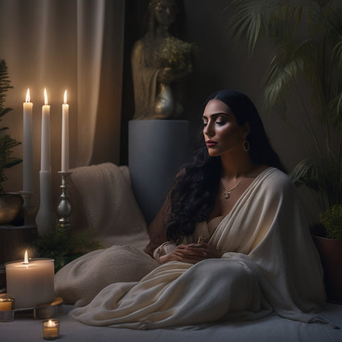 A serene, dimly lit studio with a calm, reclined figure, surrounded by candles and plants, with gentle, flowing drapery, and a subtle, warm color palette, conveying relaxation and tranquility.