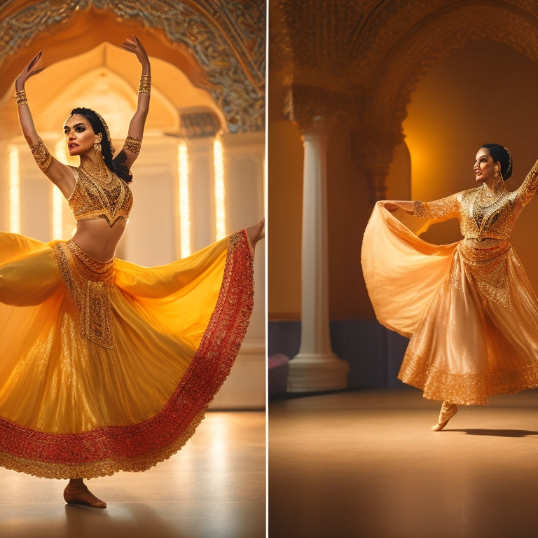 A vibrant, golden-lit dance studio with a beautifully adorned Middle Eastern-inspired backdrop, featuring a solo dancer in a flowing, intricately patterned costume, poised in a dramatic, dynamic pose.