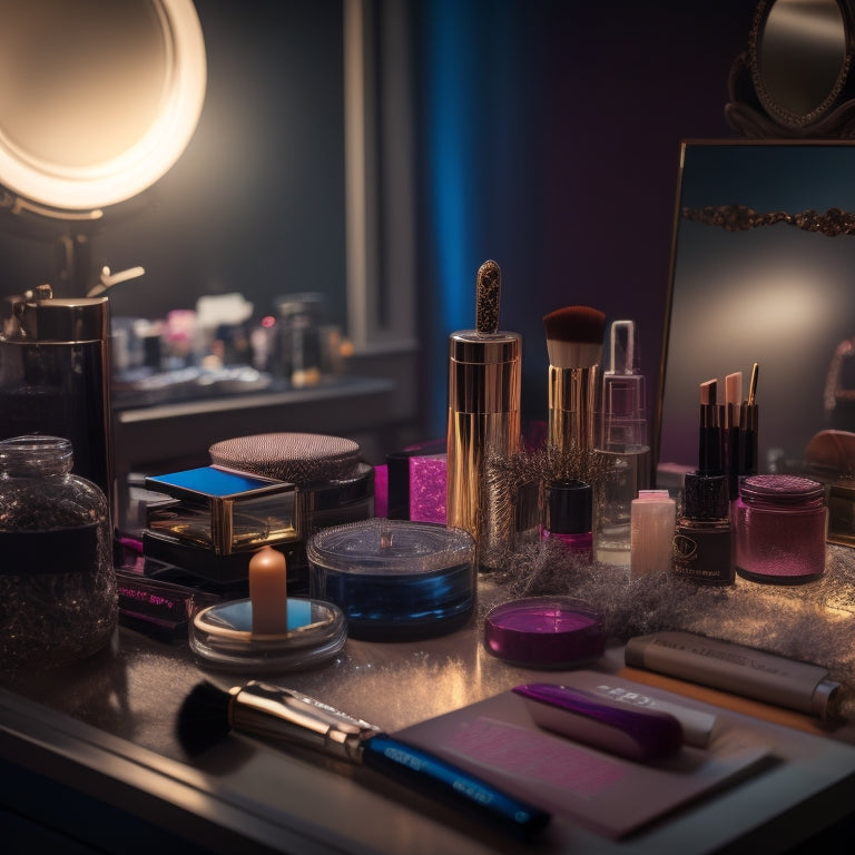 A cluttered makeup station with scattered brushes, half-opened products, and a timer in the background with a blurred-out clock face, surrounded by chaotic reflections in a dimly lit mirror.