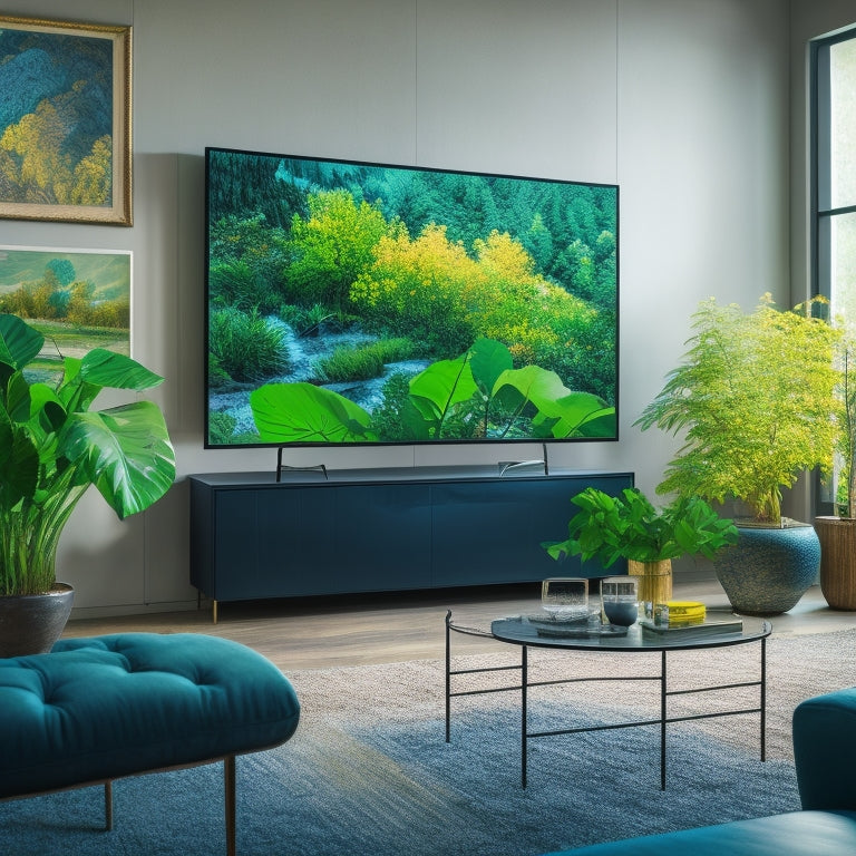 A modern living room with a large Samsung Frame TV mounted on a white wall, displaying a vibrant Vincent van Gogh-style painting, surrounded by sleek furniture and lush greenery.