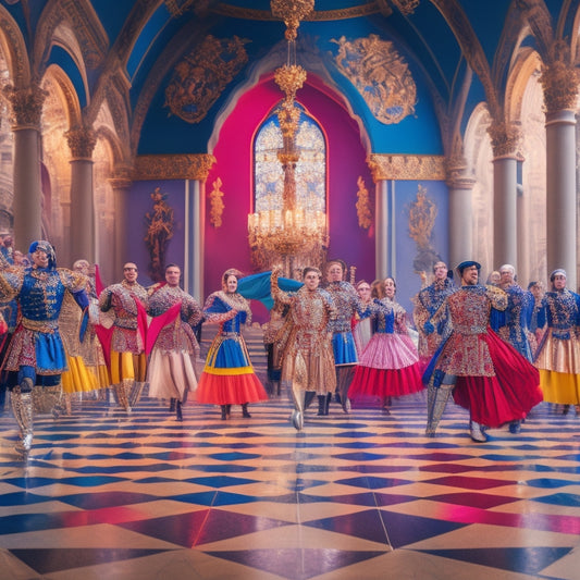 A vibrant illustration of medieval knights in modern dance attire, surrounded by civil rights symbols, dancing in a grand ballroom with a majestic chandelier, amidst a kaleidoscope of colors.