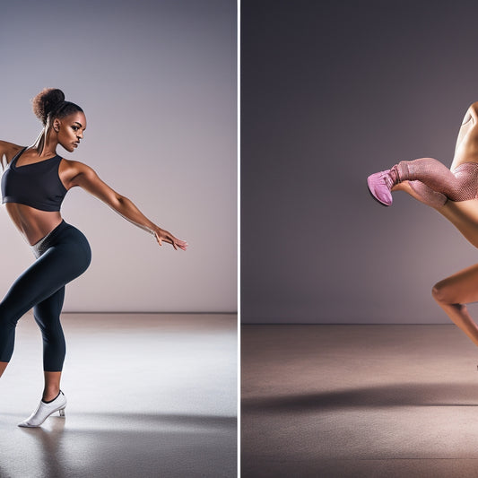 A split-screen image featuring a dancer wearing regular shoes on one side, and the same dancer wearing dance shoes on the other, with contrasting backgrounds and lighting to highlight differences in posture, movement, and footwork.