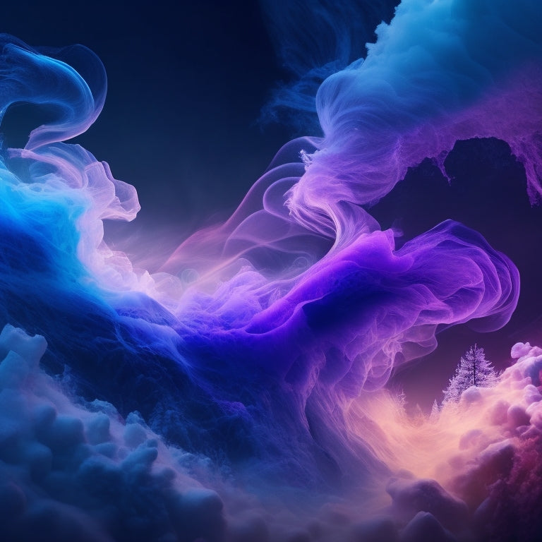 A mesmerizing illustration featuring a delicate balance of flames and ice crystals, with swirling mist and wispy tendrils, set against a dark blue and purple ombre background, evoking a sense of mystery and wonder.