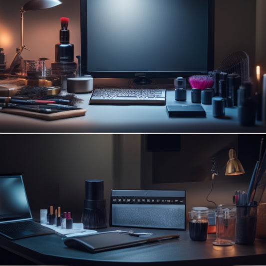 A split-screen image: a cluttered, dimly lit makeup station with scattered brushes and products versus a sleek, organized digital workspace with a laptop and tidy virtual folders.