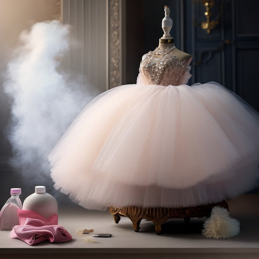 A delicate ballet tutu hangs on a velvet-covered dress form, surrounded by a steamer, gentle detergent, and a soft-bristled brush, amidst a calming, pastel-hued background with subtle sparkles.
