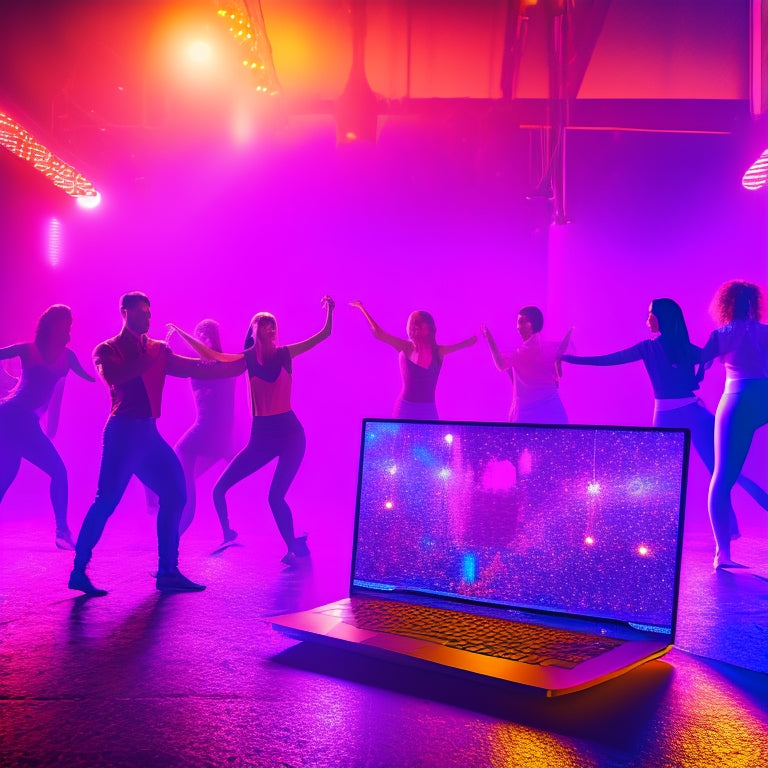 A vibrant illustration of a laptop open on a dance studio floor, surrounded by dancing silhouettes, with a subtle cityscape or nightclub lights blurred in the background, conveying online dance courses and sales.