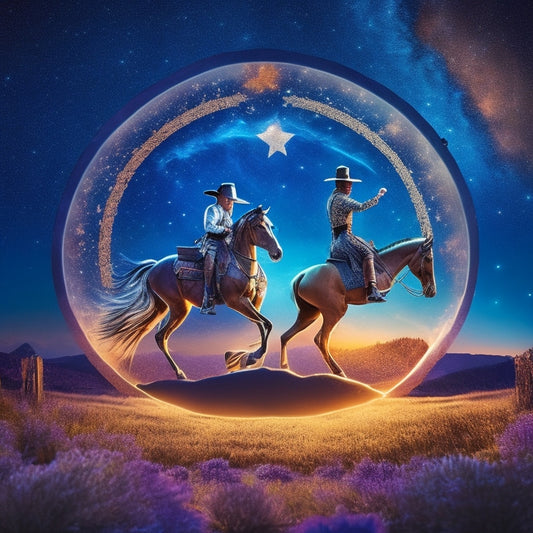 Illustrate a stylized, vibrant logo featuring a pair of dancing cowboy and cowgirl silhouettes, surrounded by swirling lassos and stylized country-western patterns, set against a bright, starry night sky.