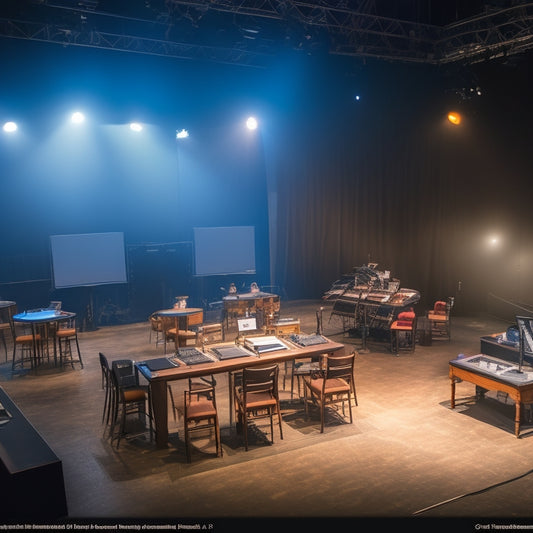 A dimly lit theater with a performances-ready stage, spotlights shining down, surrounded by various tables and laptops with open stage management software, headsets, and clipboards with notes and timelines.