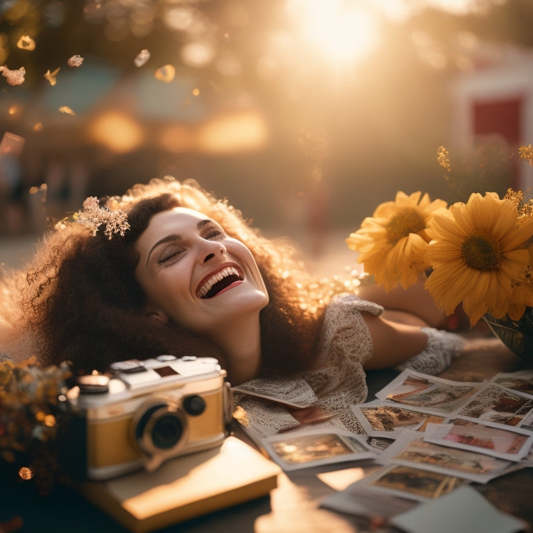 A warm-lit, golden-hour photograph of a laughing woman, surrounded by scattered polaroids, flowers, and confetti, with a vintage camera and open journal in the foreground.