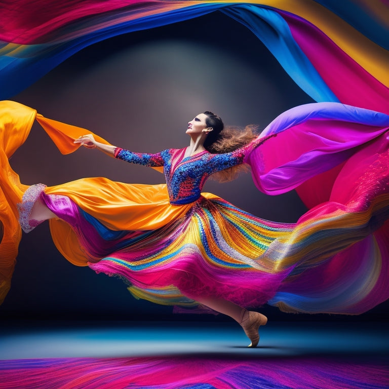 A dynamic illustration of a dancer in mid-air, surrounded by swirling ribbons of colorful fabric, with abstract dance-inspired shapes and patterns in the background, conveying energy and movement.