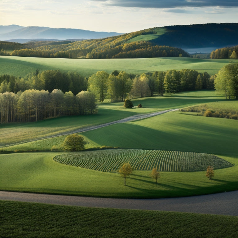 A serene Vermont landscape with rolling hills and maple trees, overlaid with a subtle grid of interconnected nodes and lines, representing a database, in shades of green and blue.