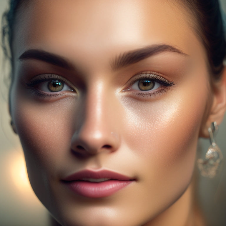 A serene, close-up portrait of a dancer's face, with a subtle, shimmering highlight on their cheekbone, surrounded by soft, warm lighting, and a blurred-out dance studio background.