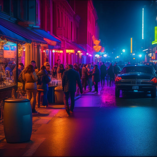 A vibrant, moonlit scene of Newport's nightlife, featuring a bustling street lined with neon-lit bars, clubs, and lounges, filled with people dancing, laughing, and having fun.