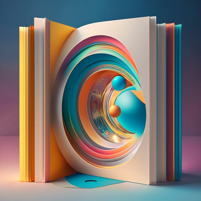 A stylized, modern illustration of an open book with bright, colored tabs and abstract shapes, surrounded by subtle, swirling patterns and faint, interconnected circles.