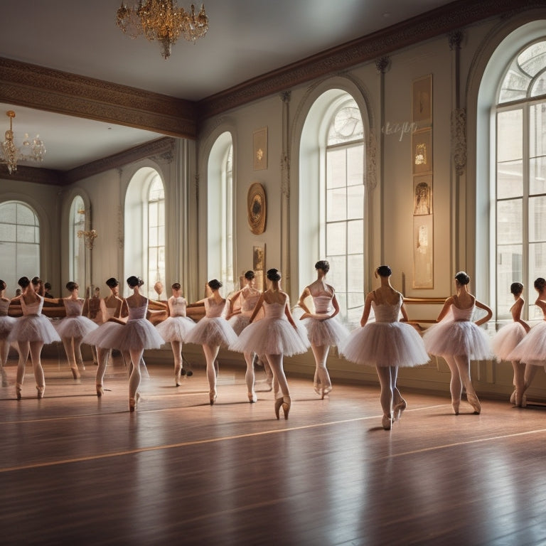 A ballet studio interior with a wooden barre standing approximately 3.5-4 feet tall, surrounded by mirrors, ballet shoes, and a few dancers in various positions, practicing movements.