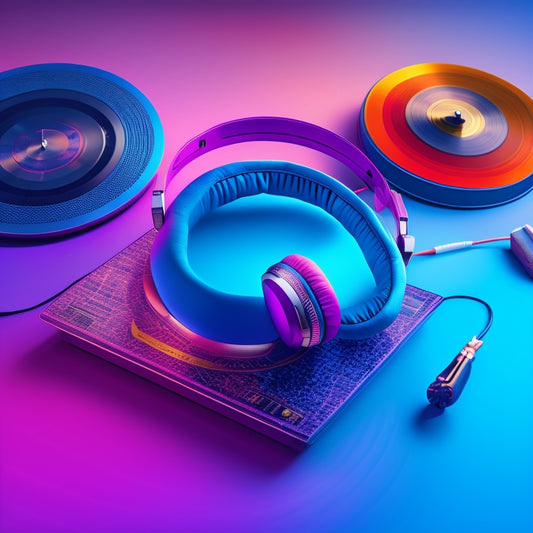 A colorful illustration of a vinyl record surrounded by headphones, musical notes, and a few music players, set against a warm, gradient background with a subtle soundwave pattern.