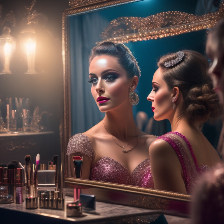 A dimly lit, glamorous dressing room mirror reflection: a dancer's face, spotlight-lit, with flawless, shimmering makeup, surrounded by scattered makeup brushes, compacts, and a few dance shoes and costumes in the blurred background.