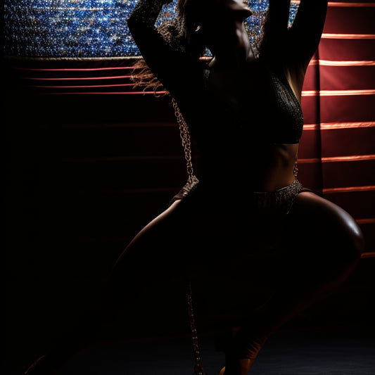 A silhouette of a female dancer in a powerful, expressive pose, set against a blurred American flag background, with subtle hints of handcuffs or chains breaking apart.