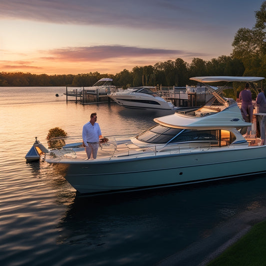 A serene waterfront scene at sunset, featuring a luxurious Sea Ray yacht docked at a private marina, surrounded by lush greenery, with a few guests mingling on the deck, enjoying cocktails and hors d'oeuvres.