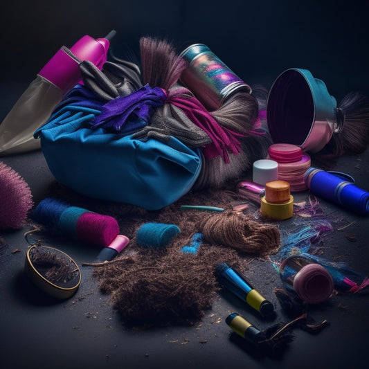 A chaotic makeup bag spills open, with tubes and brushes scattered haphazardly, amidst tangled hair ties and crumpled up trash, surrounded by a halo of messy shadows and dim lighting.