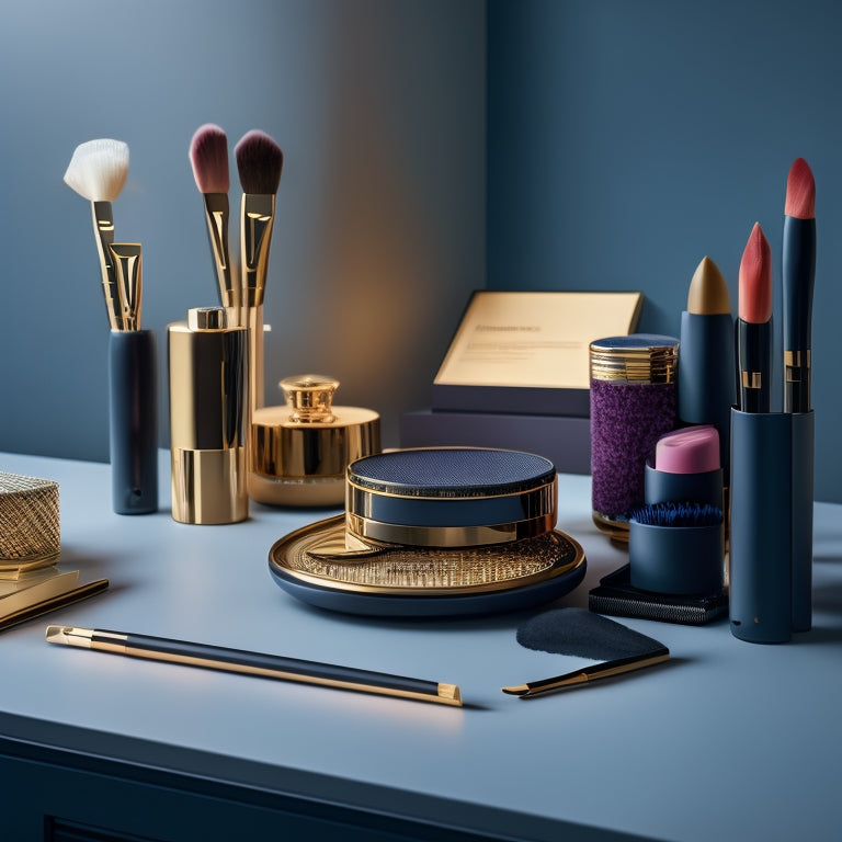 A sleek, modern makeup station with a resume paper and pen placed prominently in the center, surrounded by artfully arranged makeup brushes, palettes, and products in a harmonious color scheme.