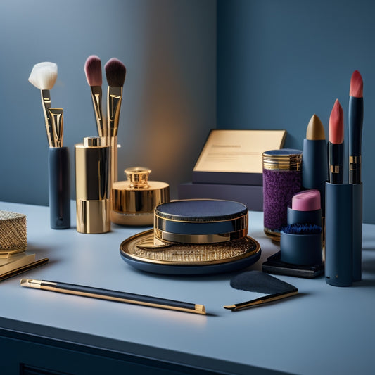 A sleek, modern makeup station with a resume paper and pen placed prominently in the center, surrounded by artfully arranged makeup brushes, palettes, and products in a harmonious color scheme.