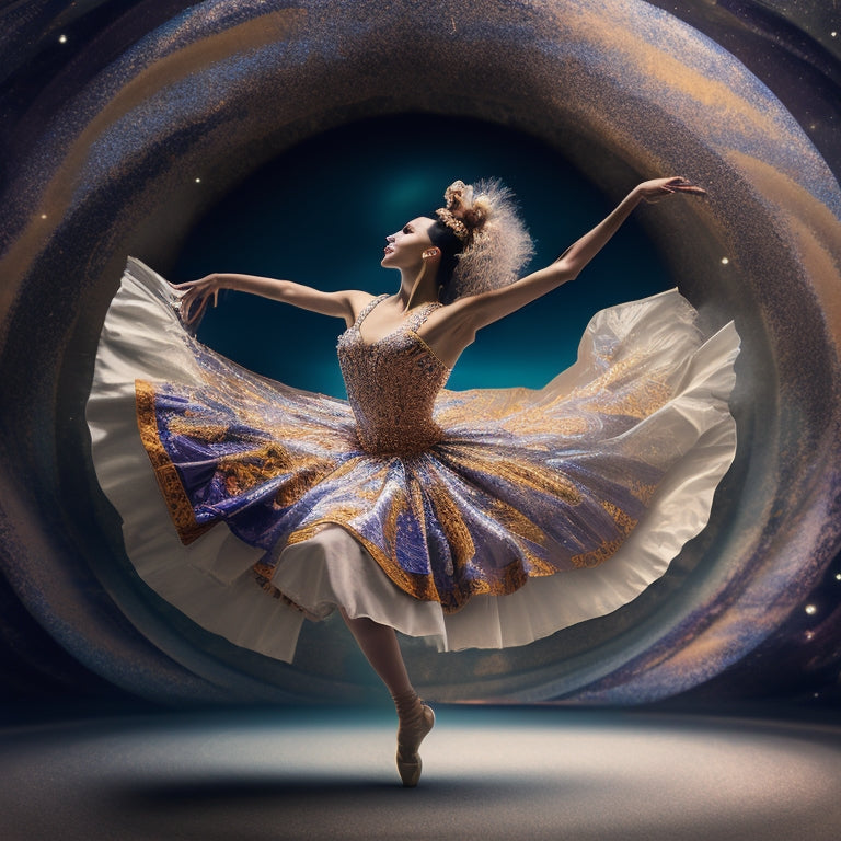 A whimsical illustration featuring a young dancer in motion, surrounded by swirling shapes and patterns, with a subtle background of musical notes and dance-inspired elements.