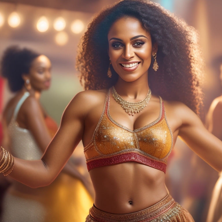 A warm-toned illustration of a confident, smiling woman in a flowing skirt, mid-belly dance movement, surrounded by subtle Middle Eastern patterns and a blurred fitness studio background.