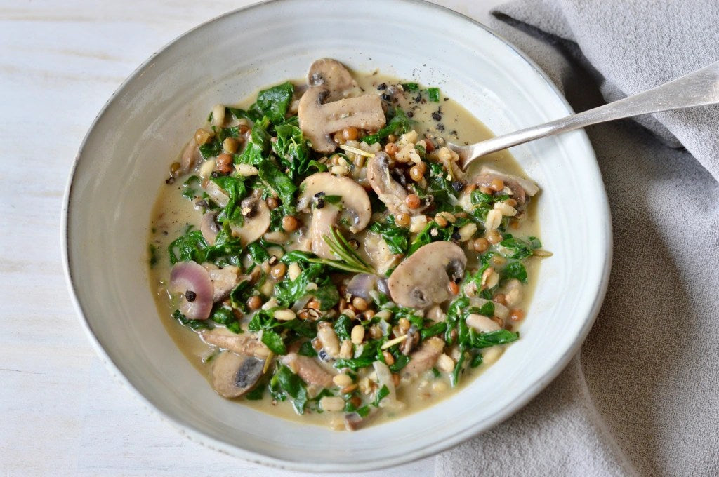 Creamy Mushroom Lentils with Barley and Spinach [Vegan]