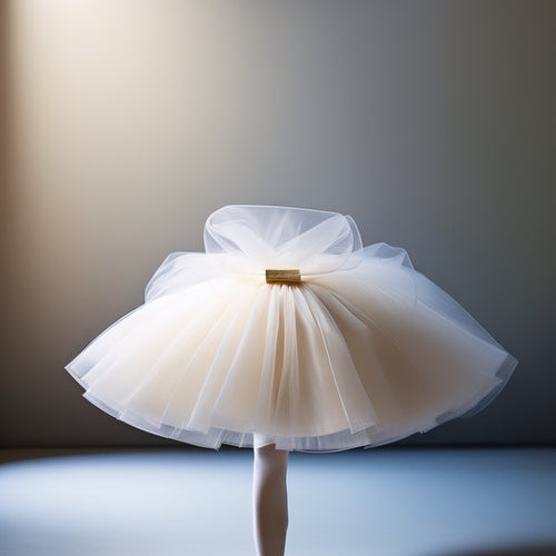 A delicate, curved tutu fills the frame, surrounded by subtle, gradient shadows, with a single, elegant ballet slipper peeking out, set against a pure white background.