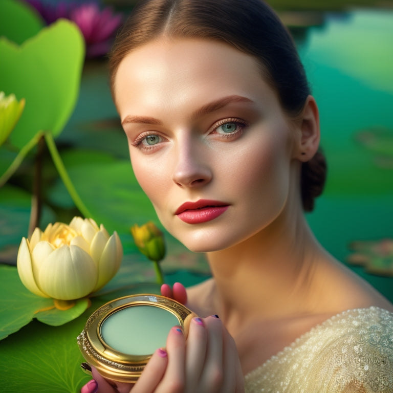 A delicate, porcelain-skinned woman with a soft focus gaze, surrounded by impressionist-style water lilies and gentle brushstrokes, holding a vintage-style makeup compact with a subtle, shimmering glow.