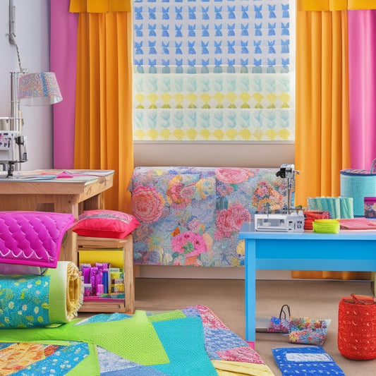 A colorful, clutter-free workspace featuring a mix of rolled and flat, vibrant quilting fabrics, alongside scattered sewing patterns, threads, and a few half-stitched quilt blocks, with a sewing machine in the background.