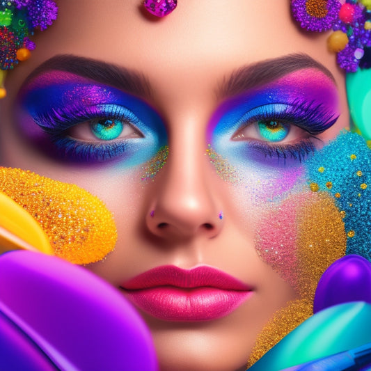 A whimsical, abstract illustration featuring a dancer's face with a swirl of colorful makeup brushes, glittering rhinestones, and delicate flowers surrounding the eyes, amidst a soft, shimmering background.