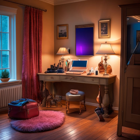 A beautiful, dimly lit home studio with a vanity, makeup brushes, and a laptop open to a dance makeup tutorial, surrounded by dance shoes, leotards, and a ballet barre in the background.