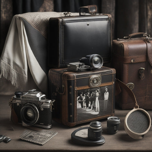 A vintage camera stands atop a worn leather case, surrounded by scattered black-and-white photographs of diverse cultural events: flapper girls, jazz musicians, and traditional folk dancers.