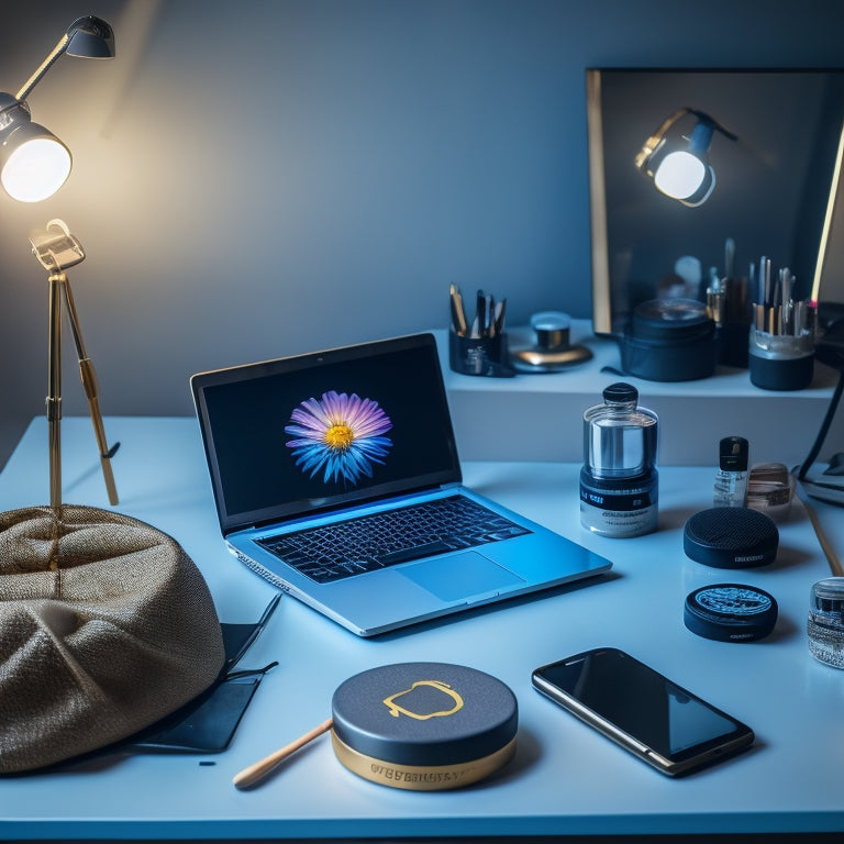 A split-screen image: a dance makeup artist's organized workspace with brushes, palettes, and a ring light, contrasted with a laptop and smartphone displaying social media and online platforms.