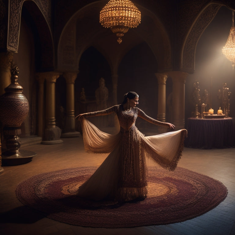 A serene, dimly lit studio with a lone dancer in the center, surrounded by Middle Eastern-inspired tapestries, performing a deep, fluid hip circle, with arms extended and hands adorned with intricate henna designs.
