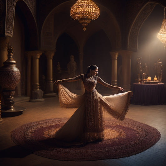 A serene, dimly lit studio with a lone dancer in the center, surrounded by Middle Eastern-inspired tapestries, performing a deep, fluid hip circle, with arms extended and hands adorned with intricate henna designs.