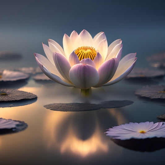 A majestic, glowing lotus flower blooms in the center of a serene, misty landscape, surrounded by subtle, swirling patterns of light, symbolizing inner growth and self-discovery.